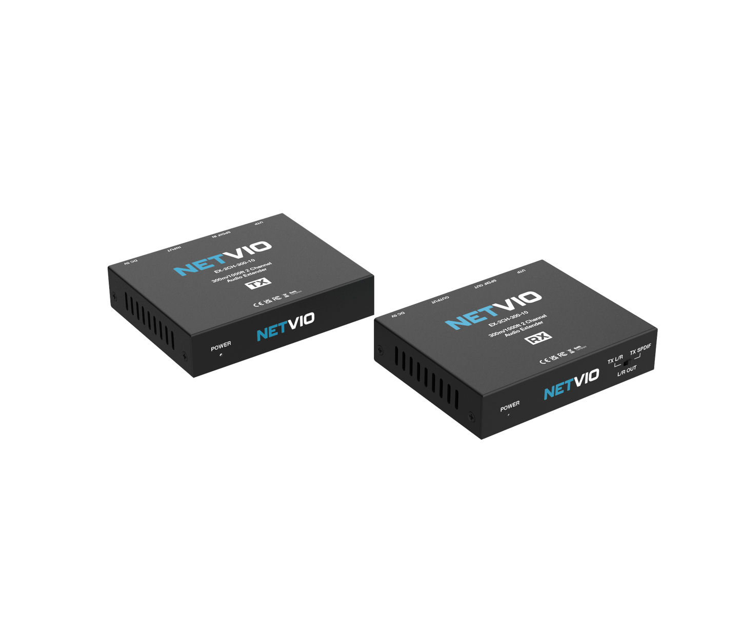 Netvio EX-2CH-300-10 | 300m 2-kanaal oudio-verlenger met ingeboude DAC en PoC