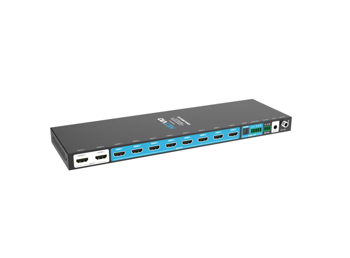 Netvio SP-H2-0208-10 | 2×8 8K60 HDMI-splitter met 4K-skalering, EDID en oudio-uitsette