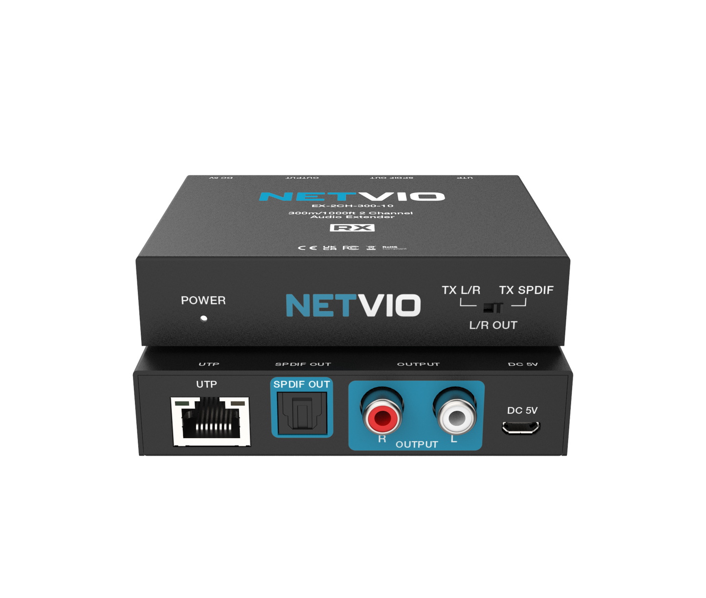 Netvio EX-2CH-300-10 | 300m 2-kanaal oudio-verlenger met ingeboude DAC en PoC