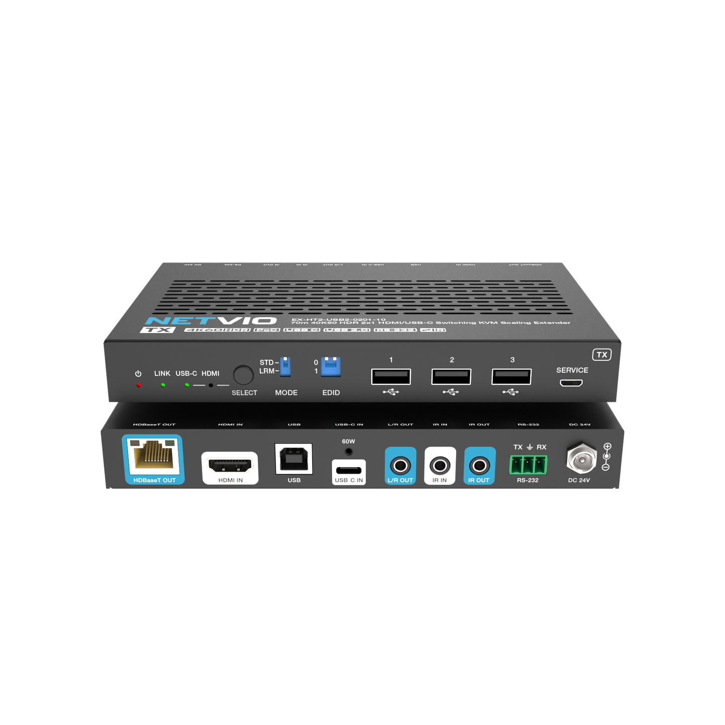 Netvio EX-HT2-USB2-0201-10 | 70m 4K60 HDMI & USB-C Verlenger met USB 2.0, PoC & 60W Laai