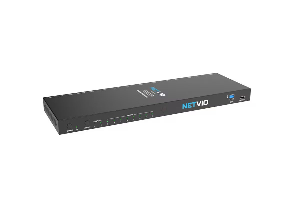 Netvio SP-H2-0208-10 | 2×8 8K60 HDMI Splitter with 4K Scaling, EDID & Audio Outputs